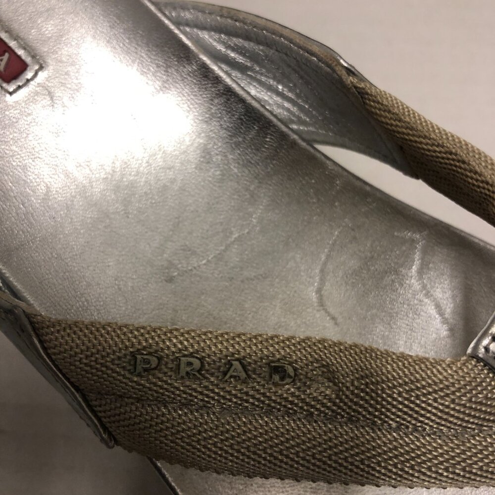 Prada silver platform wedge T-strap open toe leat… - image 4